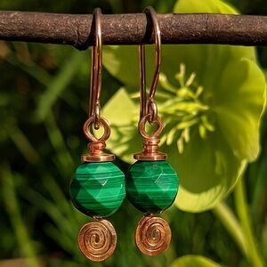 Copper Wire Wrapped Malachite Beaded Gemstone Earrings Handmade